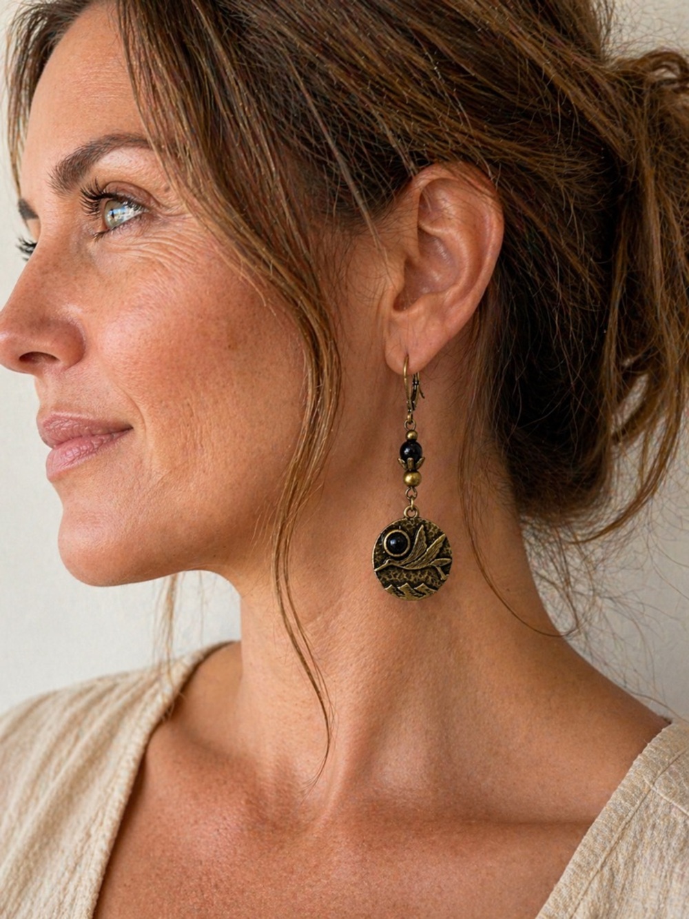 Antique Bronze Bird Earrings Black Stone Dangle Boho Lightweight - Picture 3 of 9